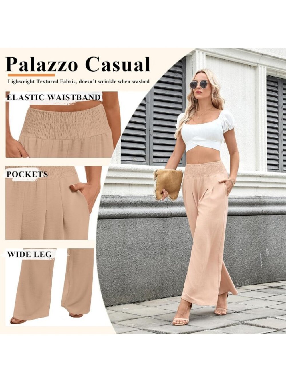 Chic Women's Wide Leg Palazzo Pants - Casual Flowy, Elastic Waist, Pockets - Picture 5 of 5